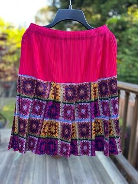 Pleats Please Issey Miyake Midi Skirt with Colorful Geometric Border